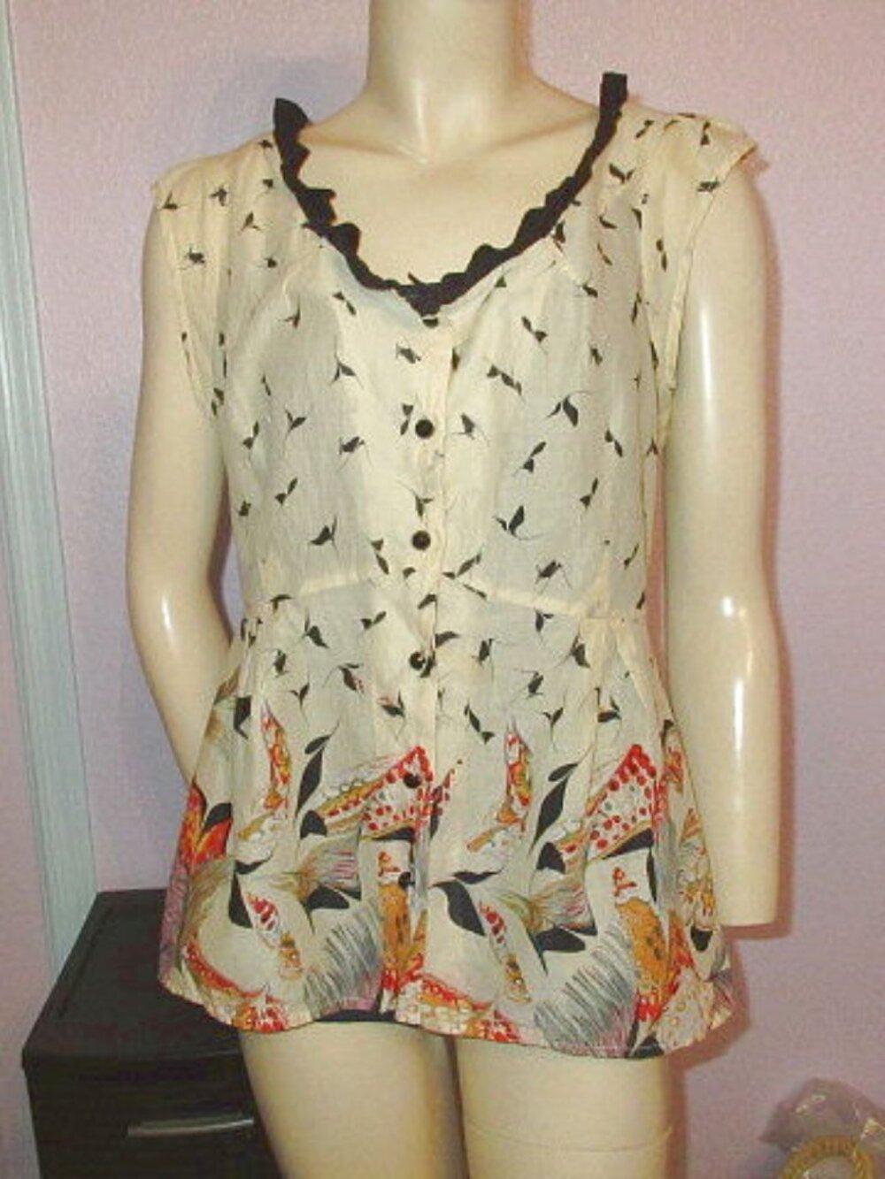 Anthropologie Odille Bird Print Blouse Top Size 10 Button Up Cotton Sheer Whimsy